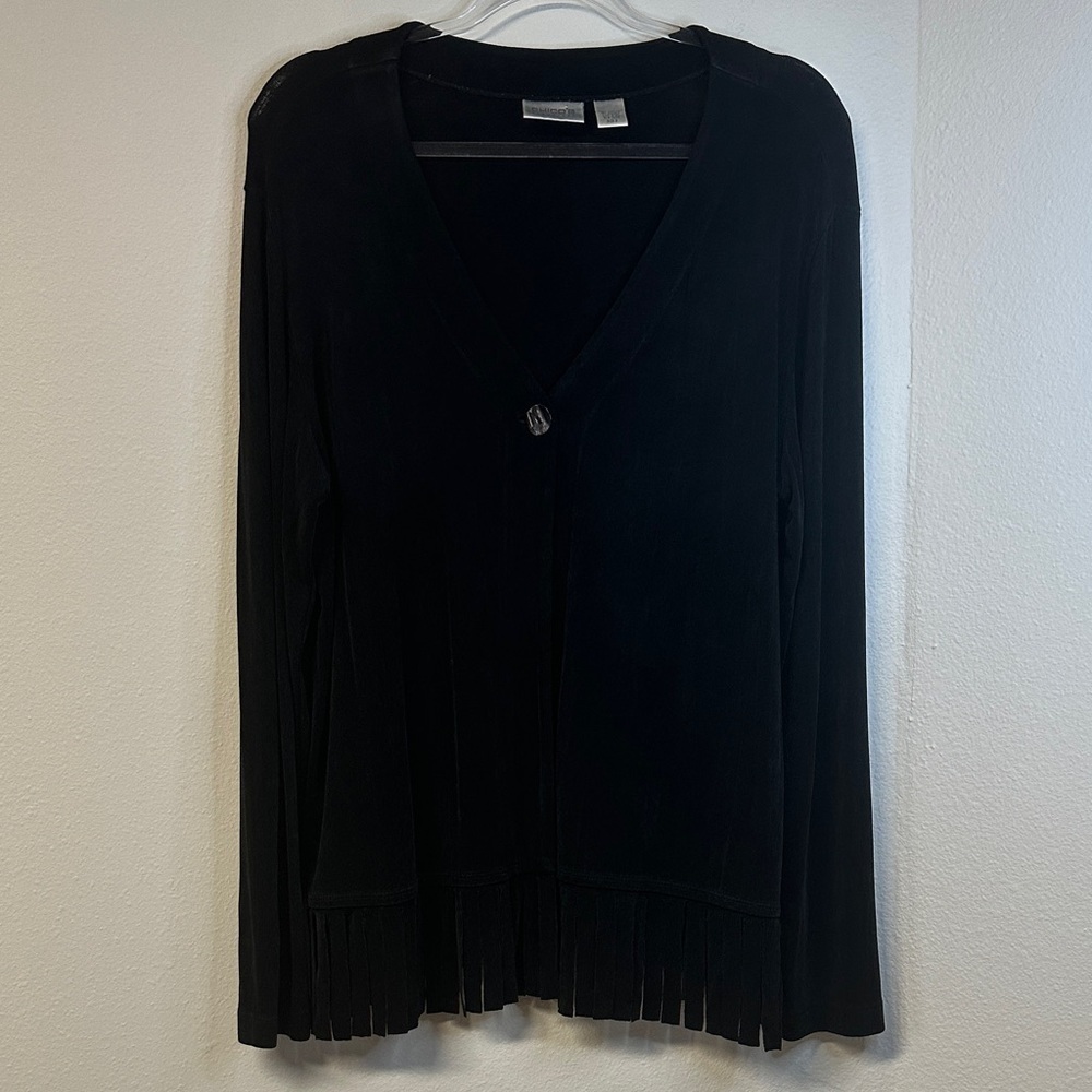 Chico’s Travelers Black Fringe-Hem One-Button Cardigan Size 16